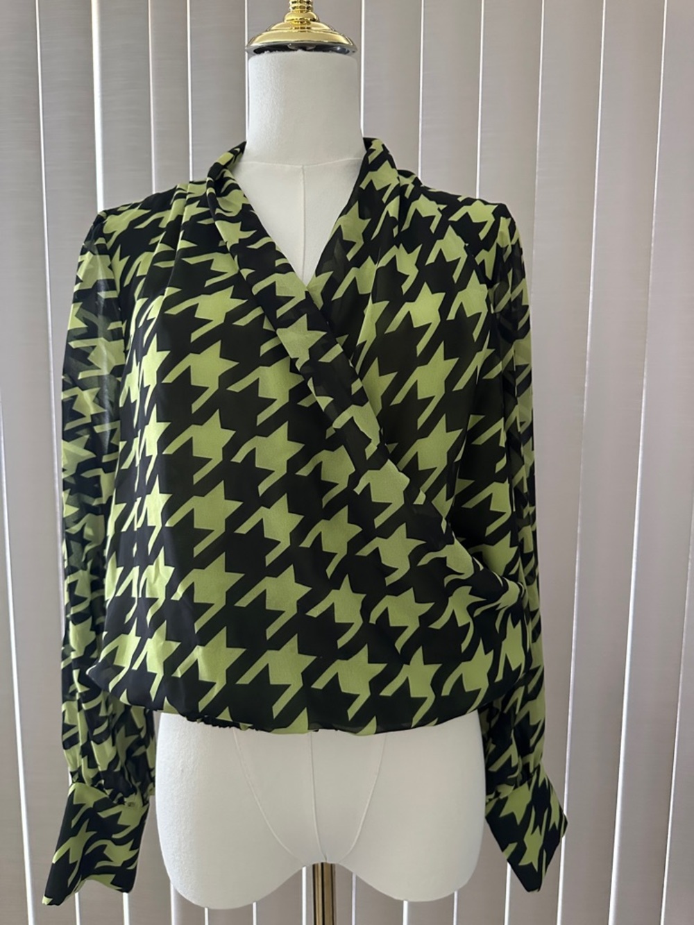 Lime & Black Houndstooth Wrap Blouse